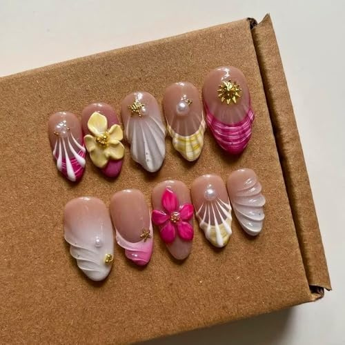 Press On Nails - Medium Almond Handmade Unique Fake Nails, Thick Acrylic and Muti-Layer Gel False Nails, Reusable Gel Cured Sturdier 3D Painting Fake Nails with Nails File Set (Size M)