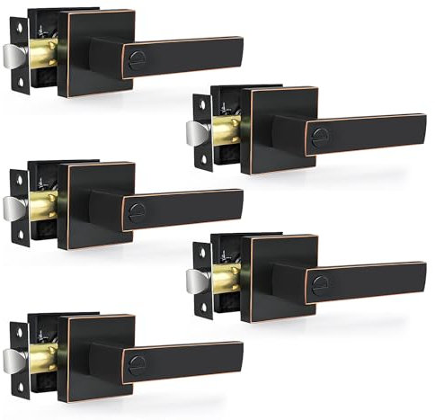 RAZCC Privacy Door Levers, 5 Pack Oil Rubbed Bronze Door Handles Interior Heavy Duty Bed and Bath Keyless Door Locksets, Reversible for Left Right Handed Doors