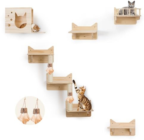 MIUZMORE Estantería de Pared para Gatos de Pino Macizo – Juego 9 en 1 con Casa, Plataforma, Escalones, Poste Rascador y Juguetes de Sisal – Montaje Fácil, Ahorro de Espacio