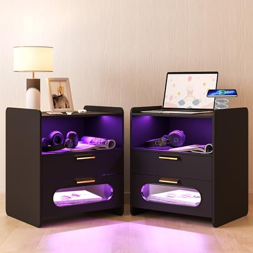 Gurexl Led Nachttisch Set of 2 mit Ladefunktion, Smart Nachtschrank mit 24 Licht Dimmbar, Hochglanz Sideboard mit 2 Schubladen USB Type-C Automatischer Sensor Schlafzimmer Schwarz