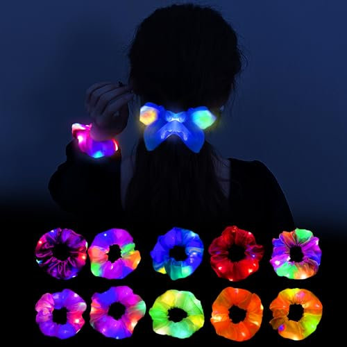 Idota 10 Stück Leuchtende Haarbänder, Haargummis Mädchen Leuchtender LED Haarschmuck mit 3 Licht Modi, Elastische Haarreif Kindergeburtstag Mädchen Party Deko Accessoire Frauen Geschenk