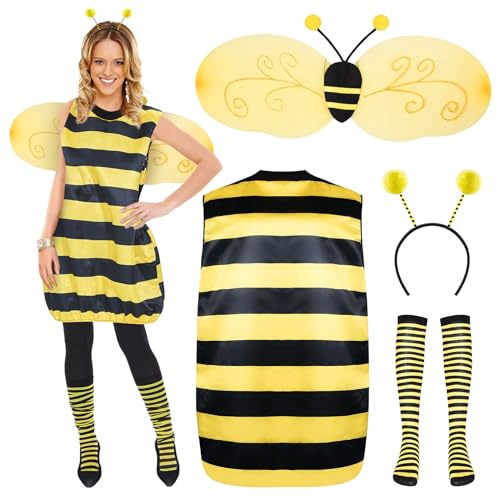 YQBFB Deguisement d'Abeille pour Femme Adulte: Costume Femme Abeille de Carnaval avec Ailes Bandeau et Collants - Idéal Vestido pour Halloween Cosplay et Fêtes à Thème