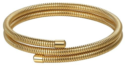 JewelryWe Damen Armreif Elastische Wickelarmband: 18 Karat Gold Edelstahl Geschichtet Stretch Armband Verstellbar Manschette Armspange Flexible Schlangenkette Dreimal Umwickeln 8mm Breit