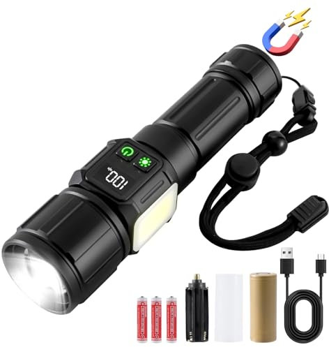 YIIFELL Taschenlampe 500000 Lumen, Taschenlampe LED Aufladbar USB Mit LCD Leistungsanzeige, Taschenlampe Extrem Hell mit COB 9 Leuchtmodi, Starke Taschenlampe mit Magnet Und Zoom für Camping Notfälle