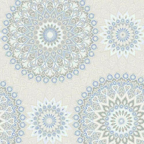 Glitter Medallion Blue Cream Wallpaper - Abstract Aztec Motif Design - Glamorous Floral Stylish Textured Paper