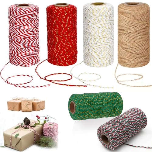 Lot de 6 rouleaux de ficelle de Noël pour emballage cadeau, ficelle de boucher, ficelle rouge et blanche de 2 mm, ficelle durable pour travaux manuels, boulanger, ficelle d'emballage pour loisirs
