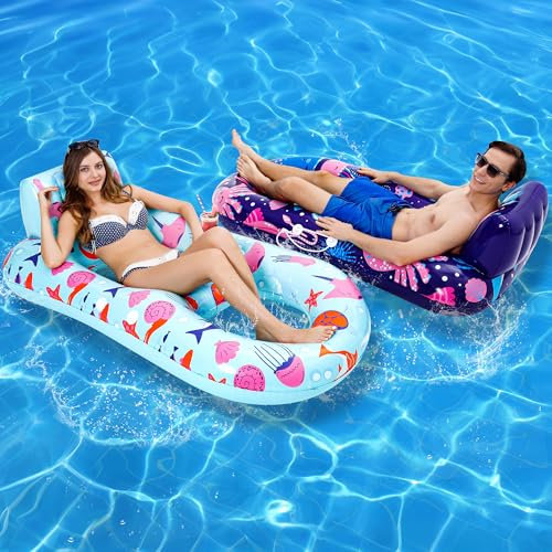 PuppyuWill 2 Pack Pool Floats Adult, Inflatable Pool Lounger Float Heavy Duty with Cup Holder, Backrest & Footrest Pool Lounge Float Extra Large Pool Rafts for Adults Beach Lake Party