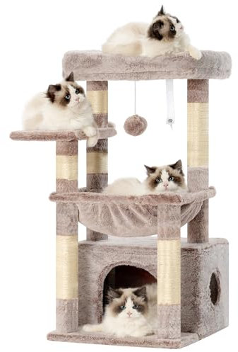 Heybly Arbre À Chat, Arbre À Chat avec Très Grand Panier pour Matou, Bois À Matou avec Lit Spacieux pour Matou Et Couchette Cachée, et Balle en Peluche, Marron Beige HCT008SMU