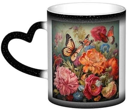 Longzehao Tazza in ceramica con stampa di fiori e farfalle che cambiano colore nel cielo, tazze che cambiano il calore tazza da caffè tazza da tè.
