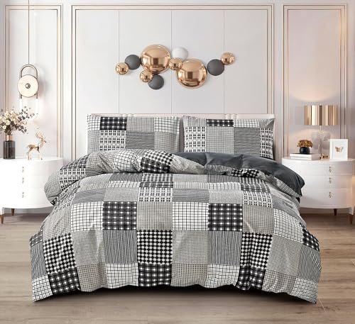PRIME LINENS Parure de lit 4 pièces en microfibre brossée avec housse de couette et taies d'oreiller et drap-housse supplémentaire inclus (décoration à carreaux, très grand lit)
