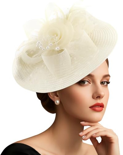 DRESHOW Chapeau Fascinateur en Maille avec Plume Perlée sur Bandeau et Pince Fourchue Chapeau Cocktail Tea Party pour Filles et Femmes Noble Kentucky Hat
