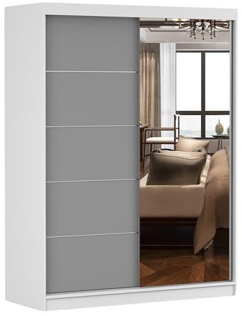 Fabryka Mebli Idźczak Kleiderschrank mit Spiegel, Schiebetüren - Schwebetürenschrank, Schlafzimmerschrank - 61 x 150 x 200 cm - Schrank für Schlafzimmer, Ankleidezimmer, Garderobe - Weiß/Grau