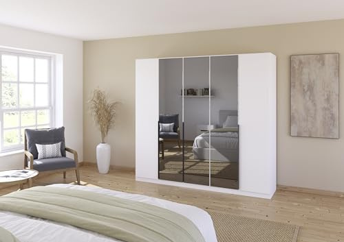 Rauch Möbel Skyla, Kleiderschrank, Farbe Weiß, Breite 226 cm | Schrank, 5-türig, mit Grauspiegel, für Schlafzimmer, Kinderzimmer, Jugendzimmer, Wohnzimmer, Garderobe, Flur