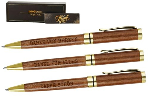 INNObeta Dankeschön Geschenke für Mitarbeiter Kollegin - Holz Kugelschreiber 3er Set mit Gravur - Wertschätzung Geschenkbox