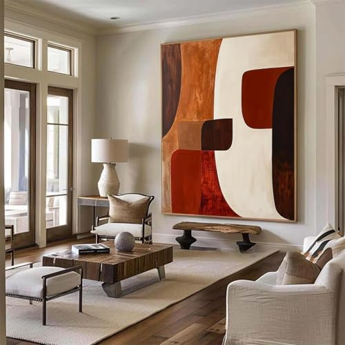 Grande toile abstraite géométrique, peinture murale, marron foncé, rouge, beige, minimaliste, impressions sur toile, affiches, œuvres d'art, décoration, 80 x 120 cm (31 x 47 pouces), sans cadre