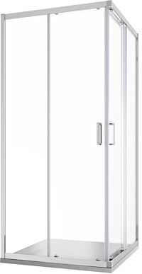 Cabine de douche d'angle à deux portes coulissantes en verre trempé, 6 mm, profilés carrés chromés, hauteur 185 cm, tonga (verre transparent, 70 x 70)