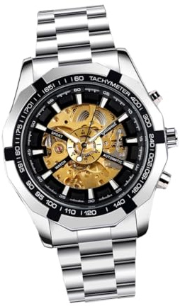 VALICLUD Luminous Skeleton Mechanical Watch for Men Business Casual Steel Band Wristwatch with Clear Dial and Large Pointer Stylish Automatic Timepiece