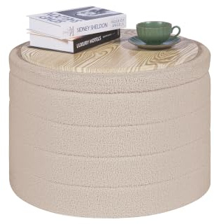 PINPLUS Round Ottoman Storage, Convertible Table, Beige, 56x56x40 cm