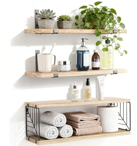 Llamau 3+1 Tier Floating Shelves, Natural Paulownia Wood for Wall Shelf, Bathroom Shelves for Home Organization & Wall Decor, Wall Mounted Shelves fo Office, Kitchen, Bathroom, Toilet, and Living Room