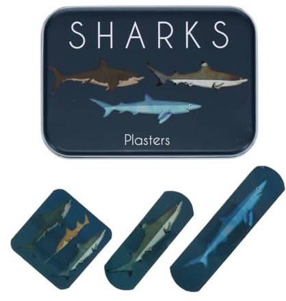 Rex London Dinosaurier Pflaster Set in Metalldose, 30 Stück Latexfrei, 3 Größen, Bunte Dino-Motive für Kinder (Haifische)