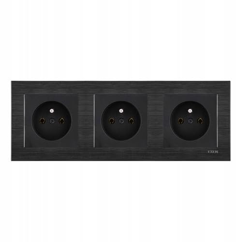 EXEN Lot de 3 Prises Murales Simples Complètes avec Terre Type E 16A 250V Noires avec Cadre Triple COMFORT Noir Cosmique – Ensemble Cadre Triple + 3x Prises avec Broche de Terre – All-in-One