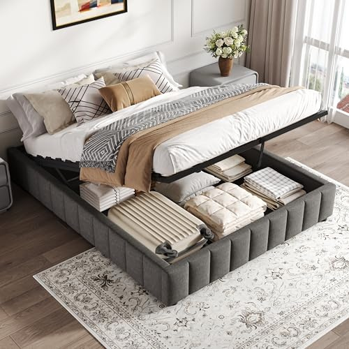 BTM 4ft6 Double Bed Base Only No Headboard Ottoman Bed Frame with Storage Metal and Wood Frame Grey Linen (No Mattress)