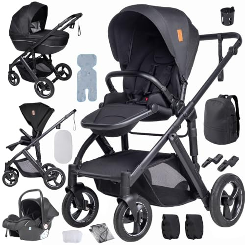 4 in 1 Kinderwagen Schwarz, Aluminiumrahmen, höhenverstellbarer Griff | Weiche Polsterung für erholsamen Schlaf. Stabiler Aluminiumrahmen und flexibler Schiebegriff