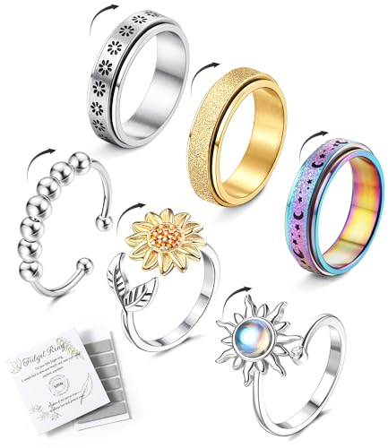 Adramata Anti Stress Ring für Damen Spinner Anxiety Ring Fidget Ringe Set | Edelstahl Band Fidget Ringe Angst Ring Set Ring Damen Gold/Silber