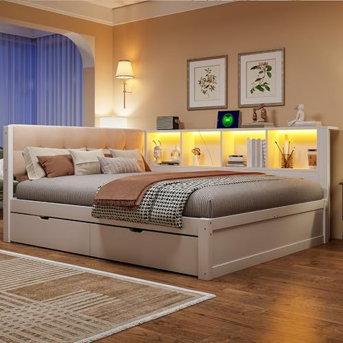 Xwiny Schlafsofa 140 x 200 cm mit Schubladen, Tagesbett mit Dimmbarer LED-Leiste und USB-Anschluss, Praktischem Regal, Kiefernholz, Weiß (Ohne Matratze)