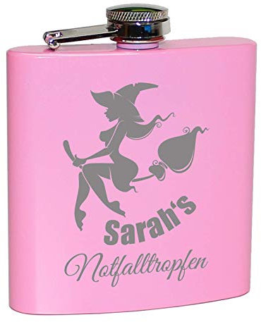 Pinker Flachmann Notfalltropfen, mit Hexe und persönlicher Namens Gravur! Lustiges Geschenk für Frauen. Rosa Pink