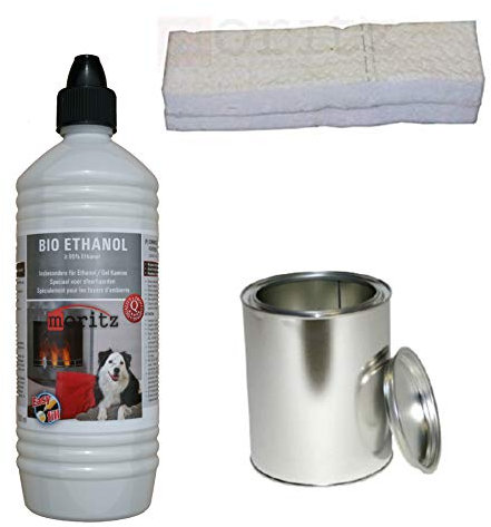 Moritz Starter Set 5 x 1000 ml Bio Ethanol + 4X Blechdose 500 ml mit Deckel + 4X Watte/Keramikwolle für Brenner Kamin Ofen Sicherheitsbrenner Brennpaste