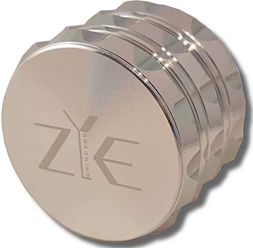 ZYE Herb Grinder – Quality Aluminium w/Ultra Sharp Teeth – Large 2.5 4 Piece w/Twist & Lock Storage Layer – No Flaking and Non-Stick - Silver