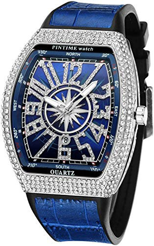 FANMIS Montre de sport à quartz pour homme avec grand cadran en diamant et bracelet en cuir, Bleu argenté, Montre rectangulaire punk diamant