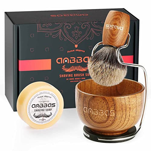 Anbbas 4in1 Rasierset, Reines Dachshaar Rasierpinsel Holzgriff und Große Seifenschale,Edelstahl Rasierständer mit 3,5OZ Naturrasierseife Puck Nachfüllung für Männer