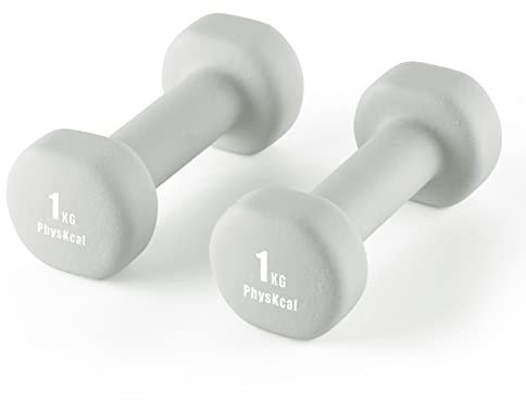 PhysKcal 1kg Dumbbells Set of 2 for Women, Kids & Senior, Mini Light Hand Weights for Pilates Cardio Boxing with Sweat-resistant Neoprene Coating