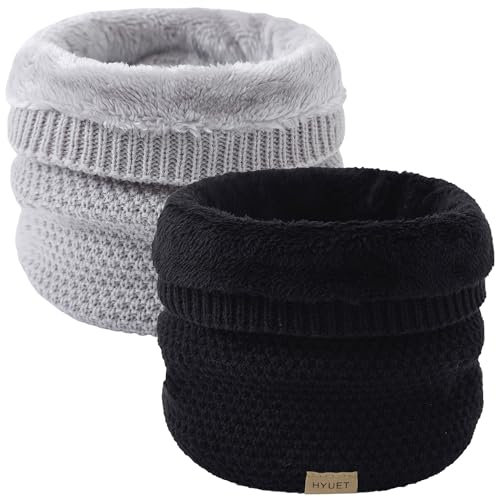 HYUET 2 Pack Cache-Cou Hiver Écharpe Circulaire Tricotée Tour de Cou Col Épaisse Cache Cou Doublée Tube Écharpe Polaire Doux Hommes Femmes Hiver,Noir+Gris Clair,taille unique