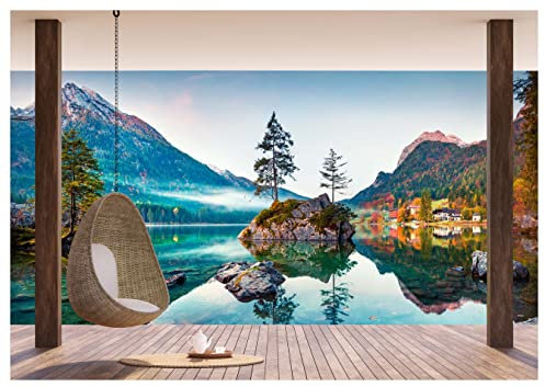 wandmotiv24 Fototapete Ausblick Berge Wald Himmel See, 400 x 280 cm - selbstklebende Vliestapete 150g, Wanddeko, Wandbild, Wandtapete, Pergola Hängesessel Holz Teekanne Tasse M6855