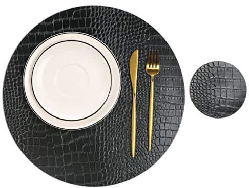Runde Leder-Tischsets für runde Tische, 4er-Set, schwarze Tischsets und Untersetzer, waschbar, pflegeleicht, für Innendekoration, 33 cm Durchmesser