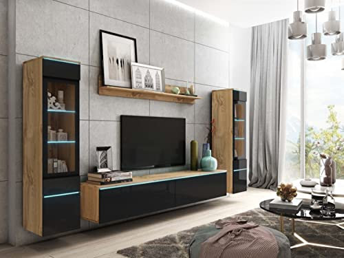 MINIO go for it - Wohnwand 4-Teilig Set Veve 2 I Hängend oder Stehend I 2X Hochschrank-Vitrine I Lowboard I Wandboard I Laminierte Spannplatte I Wotan Eiche und Schwarz Gloss - LED Beleuchtung