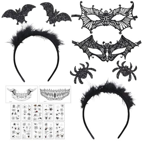 7 Stück Halloween Maske Kostüm, Halloween Haarreif, Venezianische Maske, Vampir Spinne Fledermaus Haarreifen mit Temporäre Tattoos, Halloween Kostüm Zubehör für Frauen Karneval Maskenball Cosplay