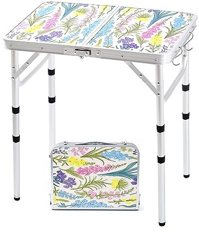 Yriuat Folding Camping Table 2ft Portable Pinic Table Adjustable Height Small Card Table Aluminum Foldable Lightweight with Carry Handle for Outdoor Indoor Hiking Camp BBQ Beach (Blooming Floral)