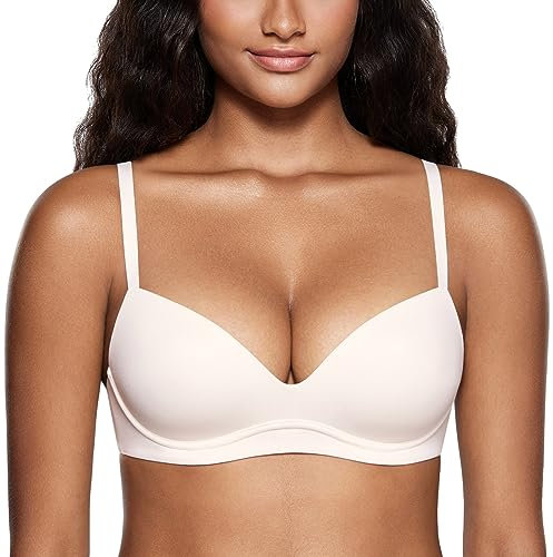 DOBREVA Women's Push Up Bra Plunge Wireless Comfortable T Shirt Padded Bras Coconut White 34D