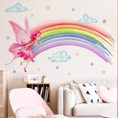HGDESIGN® Wandtattoo Wandaufkleber Fee Elfe Pilz Blumen Regenbogen Einhorn Wandsticker Wandbild Kinderzimmer Babyzimmer Schlafzimmer Kind Baby Mädchen Wanddeko (F)