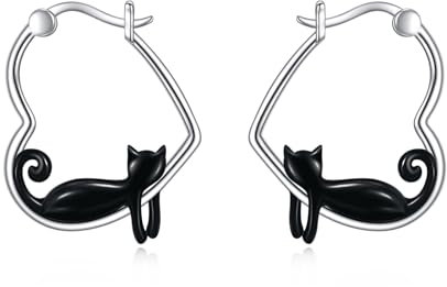 YFN Schwarze Katze Ohrringe Sterling Silber Tier Herz Creolen Baumeln Tropfen baumelnden niedlichen Schmuck Geschenke für Damen Mädchen