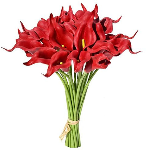 Wisafory 10 Stück Künstliche Calla Lily Kunstblumen Realistic Latex Calla Lilie Brautstrauß Künstliche Calla Real Touch Blumen Dekoration für Hochzeits Wohnzimmer Büro Hotel Küche Rot