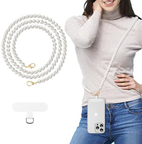 MoKo Universal Telefon Lanyard, Perle Perlen Handy Kette Crossbody Strap Anti-Diebstahl Abnehmbare Frauen Handy Lanyards um den Hals mit Patches für iPhone, die meisten Smartphones, Weiß