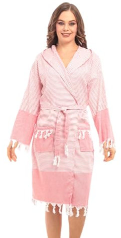 Bademantel aus Hamamtuch, Saunatuch, für Frauen für ultimativen Luxus, mit Gürtel & Kapuze - Langform Damen Leicht und Modisch (S-M, Rot)