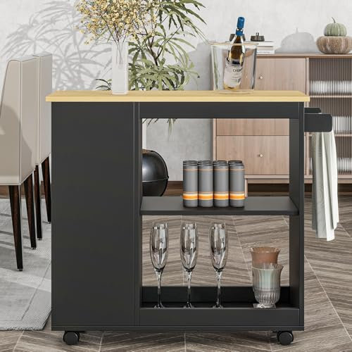 TEFEVIE Bewegliche Kücheninseln Küchenwagen auf Rollen, L 105*B 38*H 89 cm Esstischwagen/Anrichte, offenes Stauraumkonzept, Küchenschrank rollbar,Schwarz