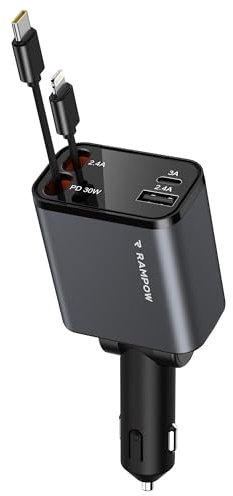 RAMPOW Caricabatterie Auto, 65W 4 in 1 Caricatore auto Retrattile, con Cavi USB C e cavo Lightning Retrattili, Carica Batteria per Auto per iPhone 16/15, Samsung S24/23, iPad - Bianco Argento