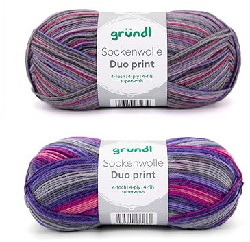 Gründl Wolle Sockenwolle Duo - Strickgarn für 2 Paar Socken - Strapazierfähig und hautfreundlich - 75% Schurwolle, 25% Polyamid - 2 Knäuel 100 g / 420 m - Nadelstärke 2,5-3 - violett-lila